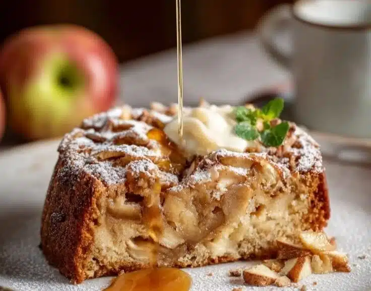 Delicious Somerset cider cake made in a pressure cooker with apple slices