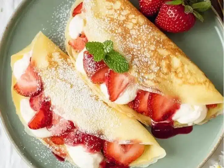 Strawberry crepes topped with fresh strawberries and cream cheese filling