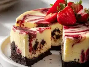 A delicious slice of strawberry swirl cheesecake with fresh strawberries on top.