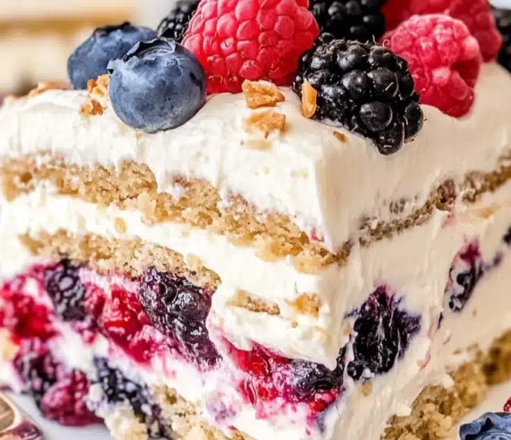 Delicious Triple Berry Icebox Cake with fresh berries and whipped cream layers.