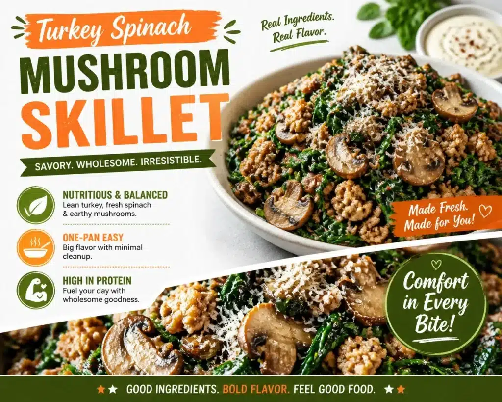 Turkey Spinach Mushroom Skillet dish loaded with nutritious ingredients