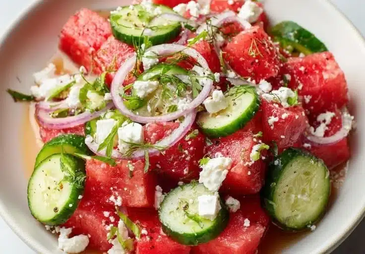 Colorful Watermelon Cucumber Feta Salad with fresh ingredients