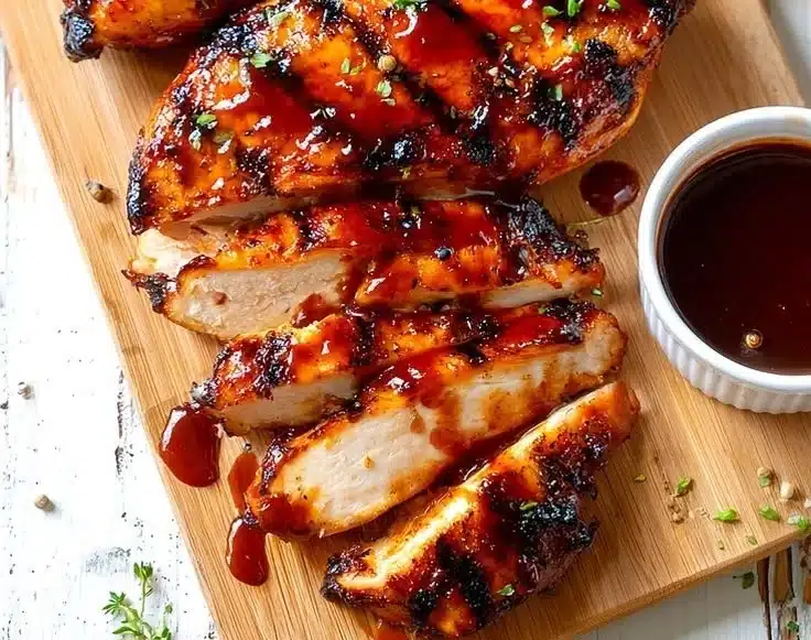 Grill Fresh Eats 3 Grilled BBQ chicken served on a wooden platter with fresh herbs