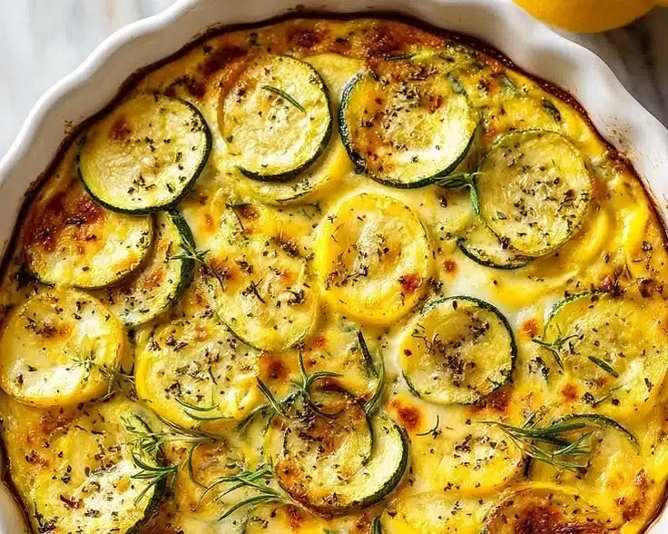 Baked yellow squash frittata sliced and served on a plate