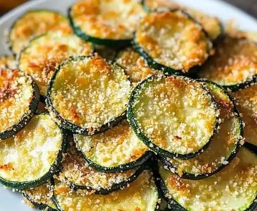 Golden baked zucchini chips arranged on a plate, healthy snack option.
