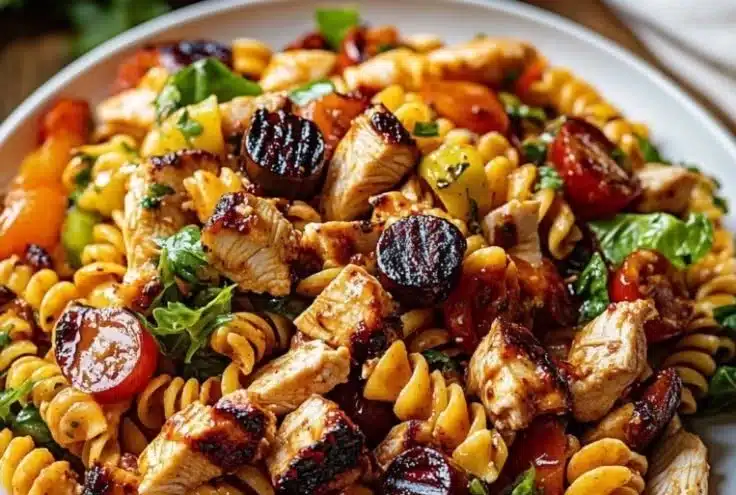 Delicious BBQ Chicken Ranch Pasta Salad served in a fresh bowl.