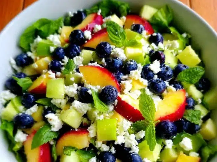 Blueberry Peach Feta Salad with fresh fruits and cheese