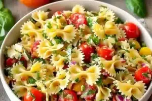 Colorful Bow Tie Pasta Salad with fresh vegetables and dressing