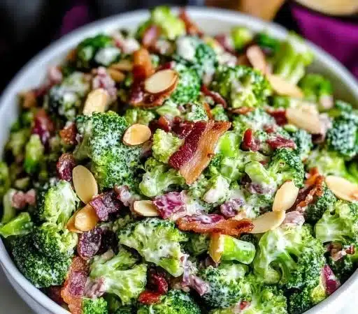 Fresh and colorful broccoli salad with vegetables and dressing.