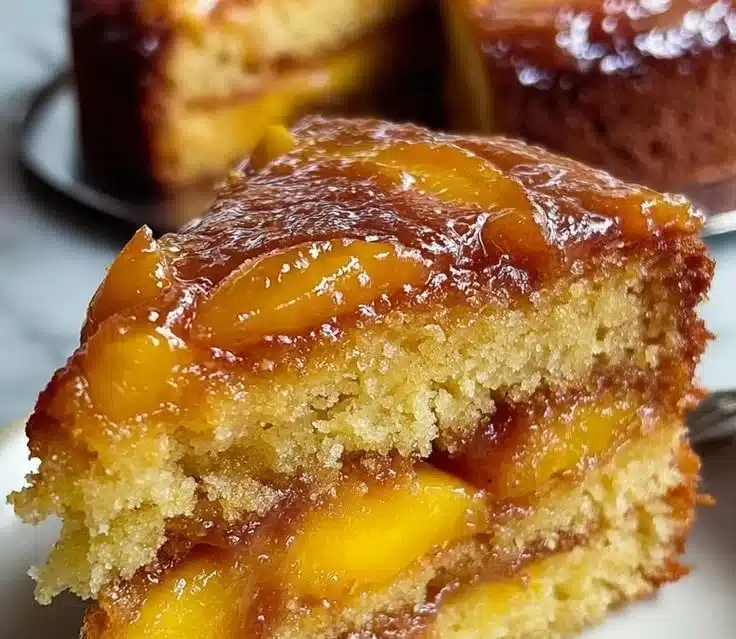 Slice of brown sugar peach cake with fresh peaches on a plate