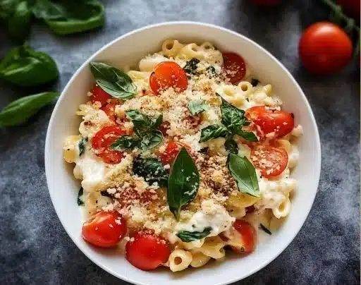 Caprese Mac and Cheese 5 Creamy Caprese Mac and Cheese topped with fresh basil and tomatoes