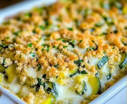 Cheesy zucchini casserole baked in a dish with golden cheese on top.