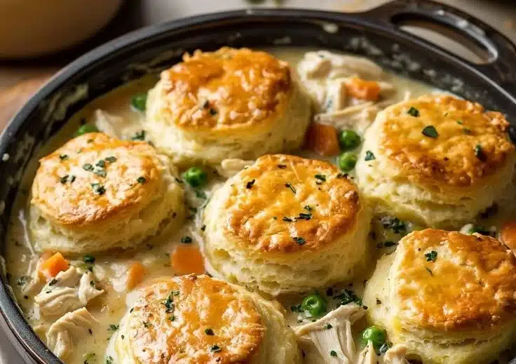 Chicken Pot Pie with Biscuits 4 Chicken pot pie with biscuits, featuring chicken, vegetables, and a golden crust.