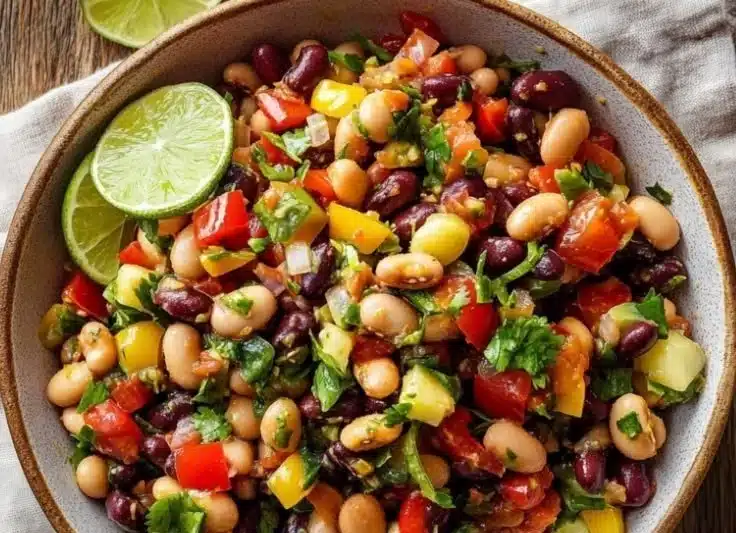 A colorful bowl of Chili Lime Bean Salad with beans, lime, and fresh vegetables