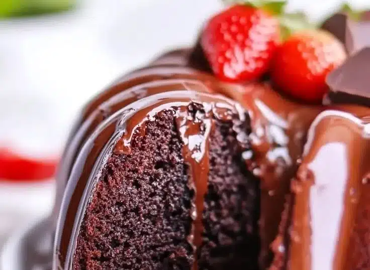 Slice of rich chocolate pound cake on a plate with a fork