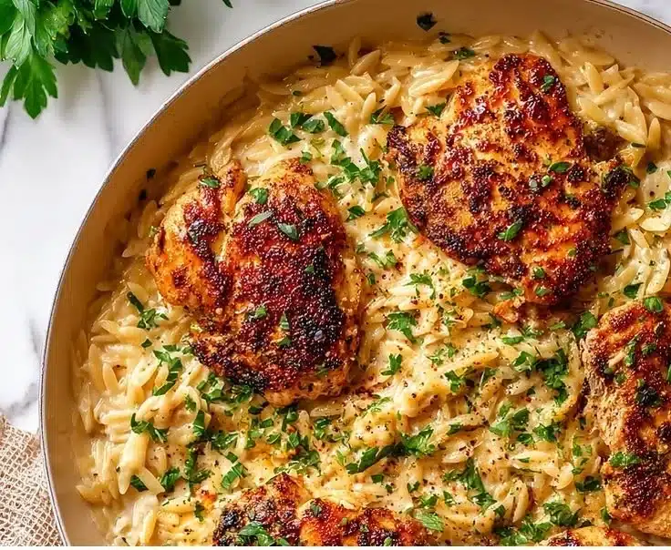 Delicious Garlic Parmesan Chicken Orzo served in a bowl garnished with parsley