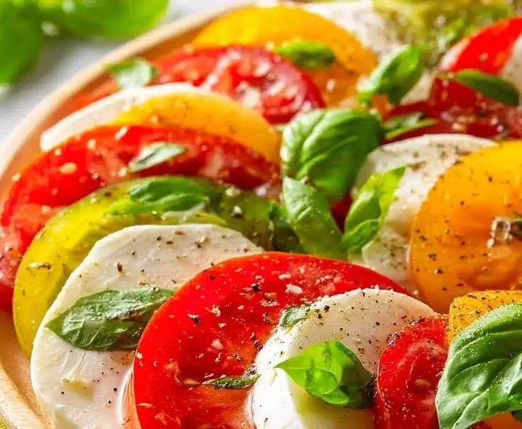A Classic Italian Caprese Salad with fresh mozzarella, tomatoes, and basil