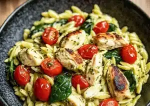 Creamy chicken orzo with spinach in a white bowl garnished with parsley