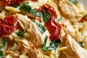 Creamy slow cooker Tuscan chicken served with orzo pasta