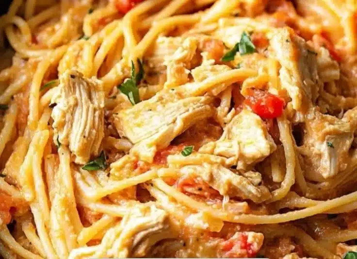 Creamy sun-dried tomato shrimp with spinach pasta on a plate.