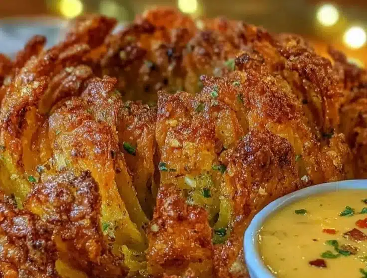Crispy air fryer blooming onion served with spiced dipping sauce