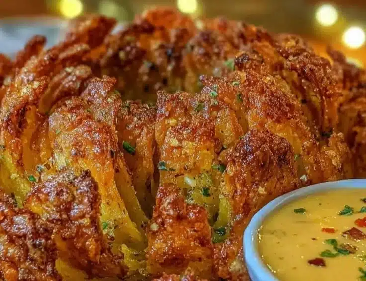 Crispy Air Fryer Blooming Onion Recipe with Spiced Sauce