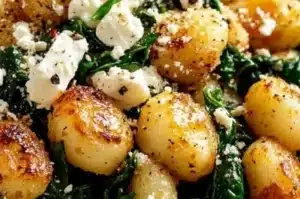 Crispy gnocchi with spinach and feta served in a bowl