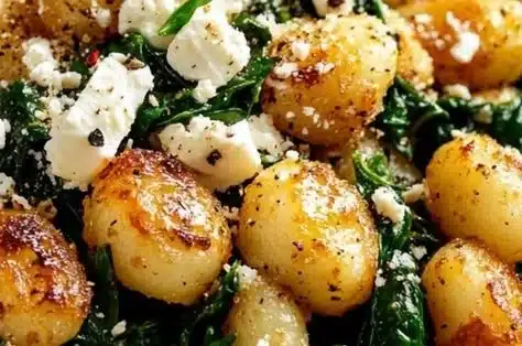 Crispy gnocchi with spinach and feta served in a bowl