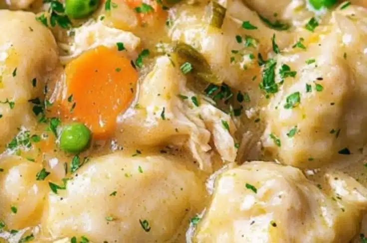 Delicious bowl of Crockpot Chicken and Dumplings for a comforting meal