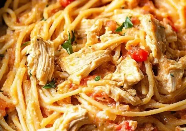 CrockPot Chicken Spaghetti served with cheese and herbs in a bowl.