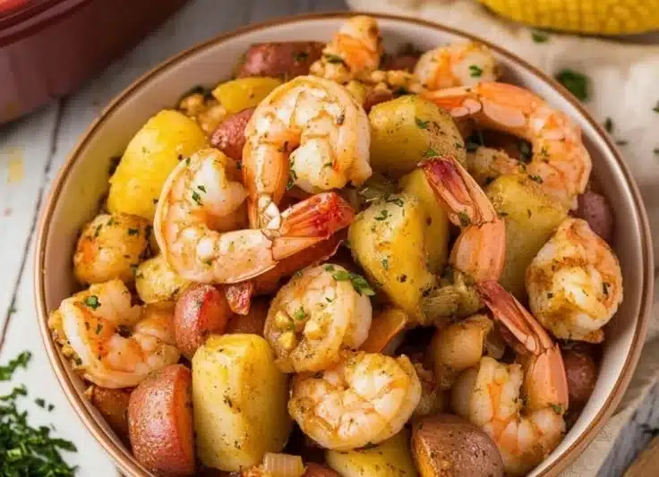 A delicious CrockPot shrimp boil with shrimp, corn, and potatoes