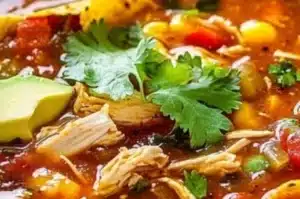 Bowl of easy homemade chicken tortilla soup garnished with tortilla strips and cilantro