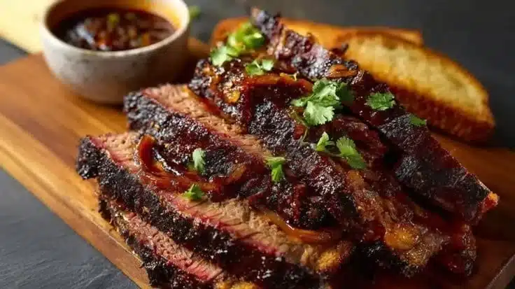 Easy BBQ Brisket Melts 2 Delicious easy BBQ brisket melts served on a toasted bun with gooey cheese.