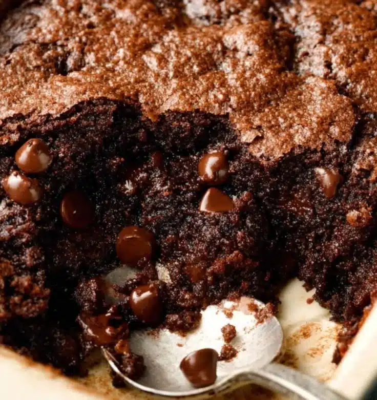 Easy chocolate dump cake topped with chocolate sauce and whipped cream
