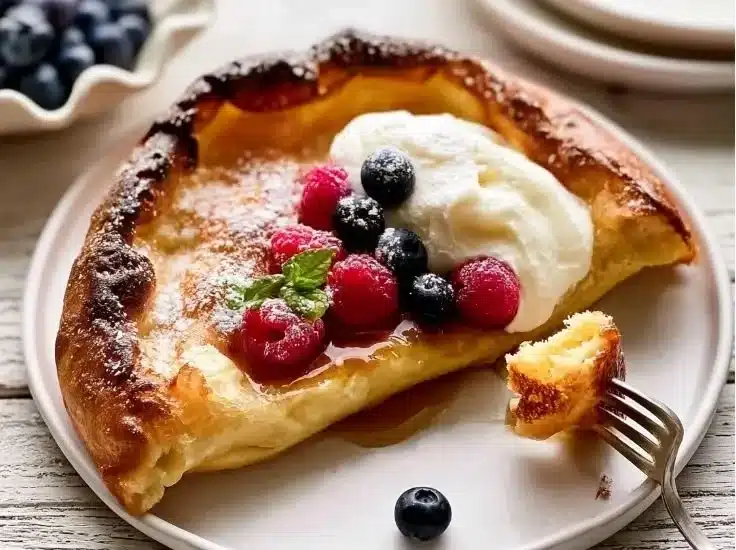 Fluffy and delicious easy Dutch Baby Pancake served with fruit and powdered sugar.