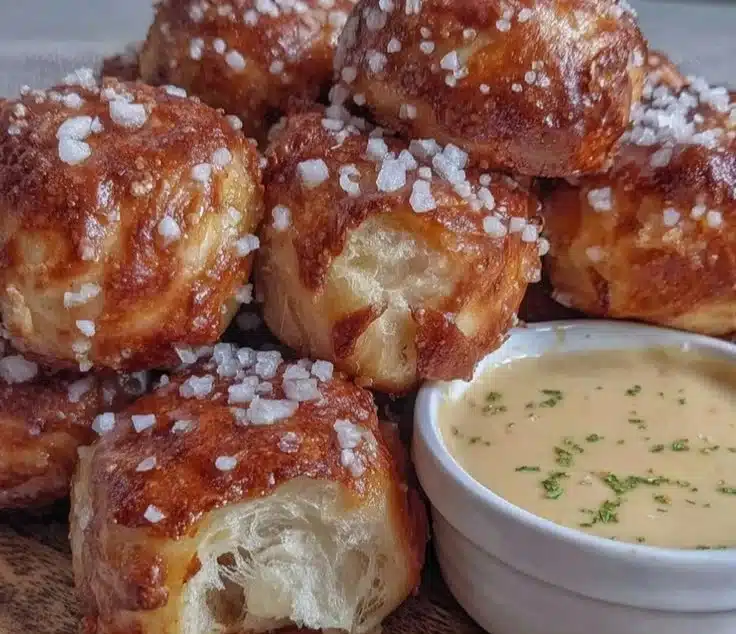 Homemade soft pretzel bites served with creamy beer cheese sauce