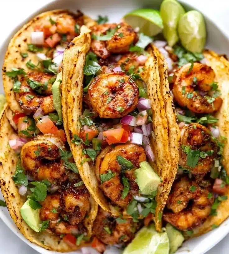 Easy Shrimp Tacos 6 Delicious easy shrimp tacos topped with fresh vegetables and lime