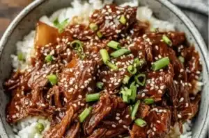 Slow cooker Korean beef served with rice and vegetables