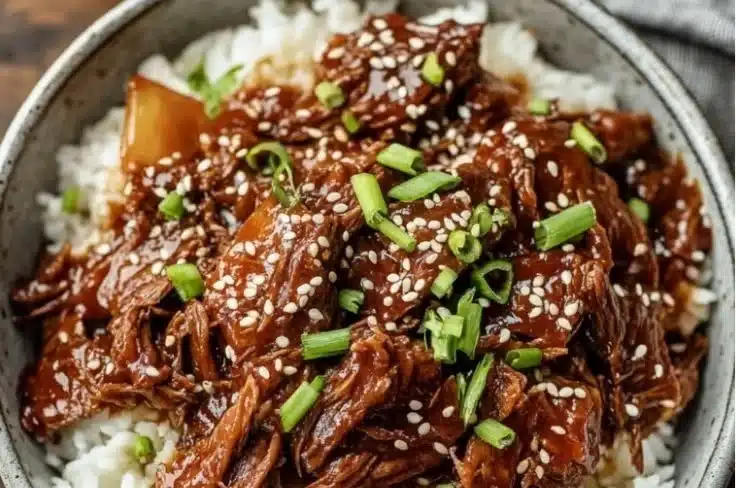 Easy Slow Cooker Korean Beef 6 Slow cooker Korean beef served with rice and vegetables