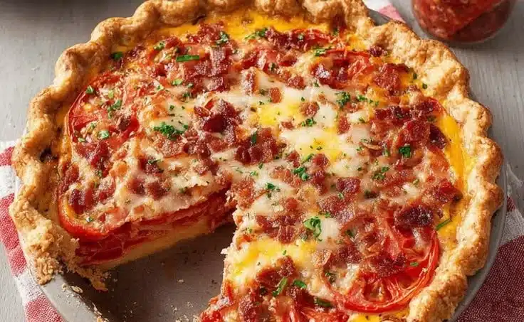 A slice of Edisto Tomato Pie showcasing fresh tomatoes and crust.
