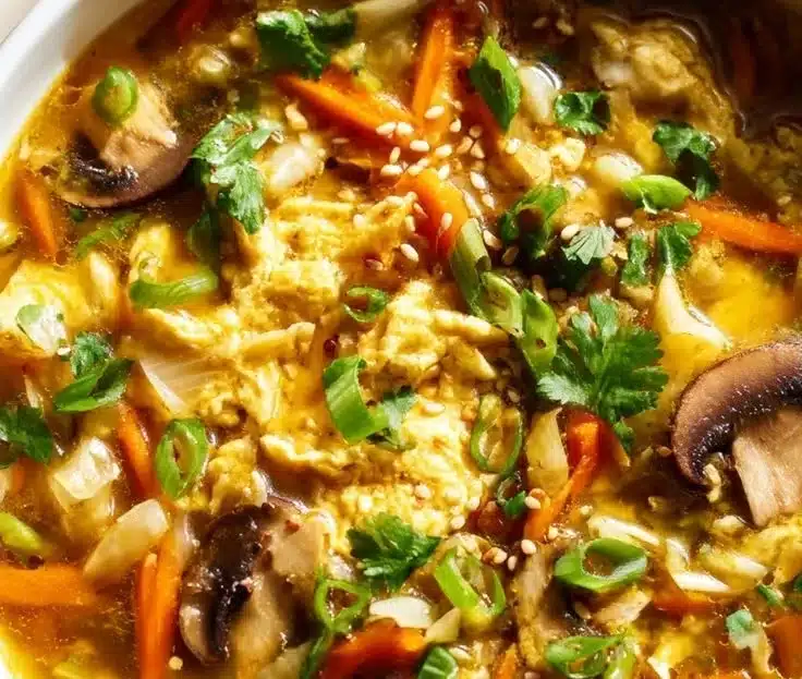 Egg Roll Soup 6 Delicious bowl of Egg Roll Soup with colorful vegetables and savory broth