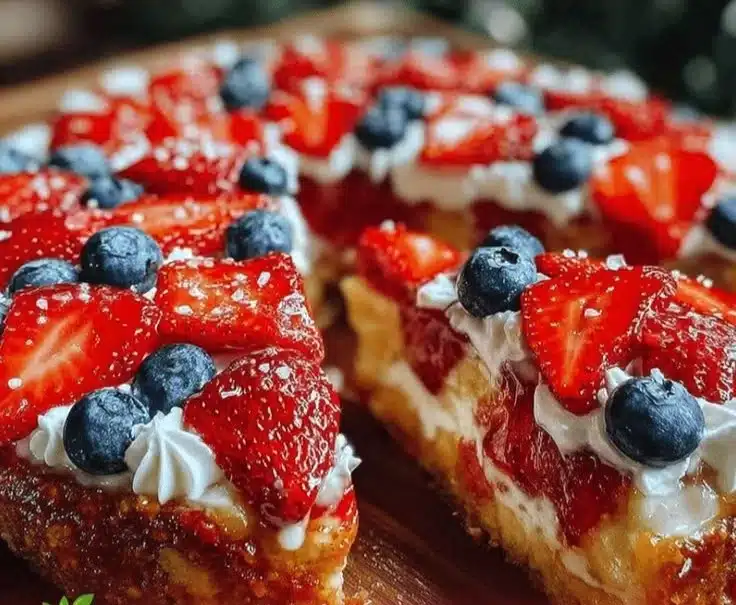 Colorful Flag Fruit Pizza topped with vibrant fruits for a festive dessert