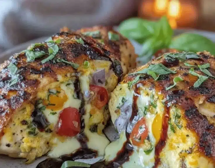 Flavorful Caprese Stuffed Chicken Breast Recipe with Easy Balsamic Reduction 2 Delicious Caprese stuffed chicken breast with balsamic reduction on a plate