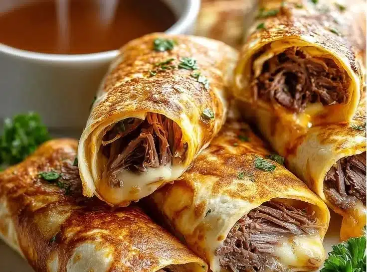 French Dip Tortilla Rollups 2 French Dip Tortilla Rollups served with au jus for dipping