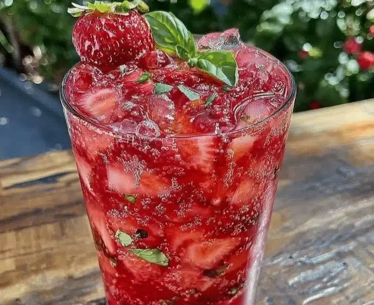 Fresh strawberry basil lemonade spritzer in a glass with mint leaves
