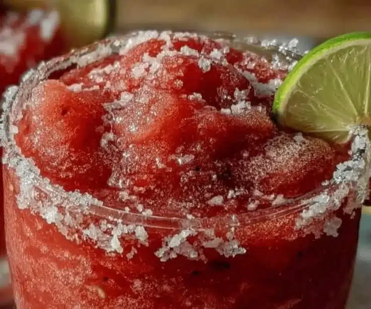 Frozen Watermelon Margarita served in a glass with a lime garnish