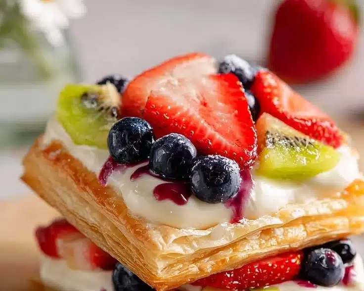 Delicious fruit pizza made with puff pastry topped with vibrant fruits