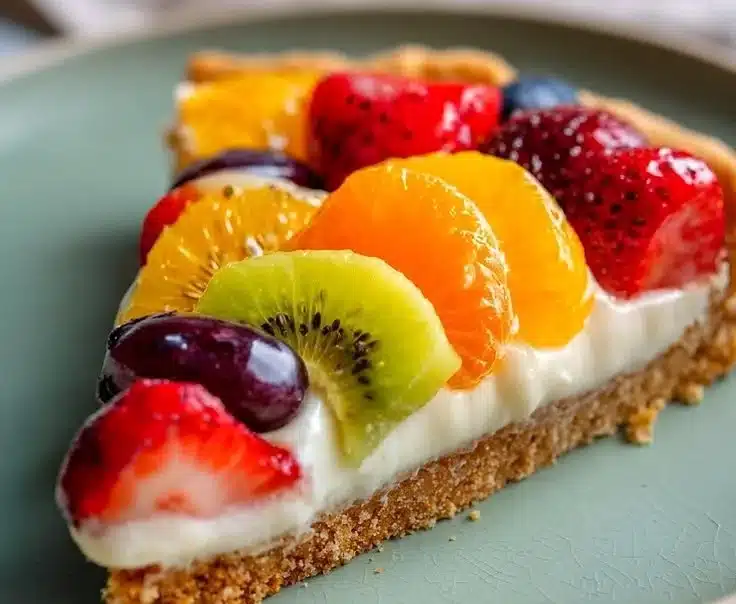 Colorful fruit pizza topped with fresh fruits on a shortbread crust