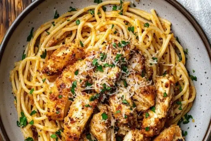 Delicious Garlic Butter Chicken Pasta served with herbs and garlic
