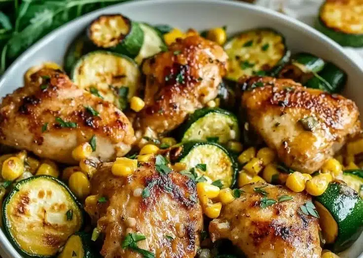 Garlic Butter Chicken with Zucchini and Corn 3 Delicious Garlic Butter Chicken with Zucchini and Corn served on a plate